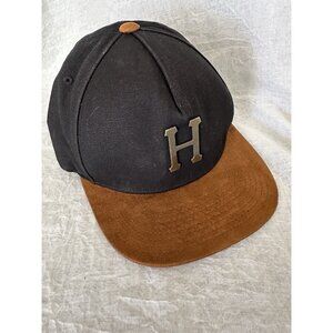 🌵4/$25  Huf Metal H Strap-Back Black Brown Hat‎ Cap Faux Suede Bill Adjustable